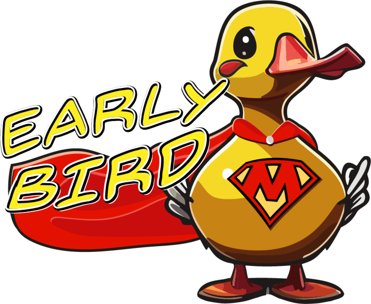 Gelbe Ente im Superheldenkostüm. Schriftzug 