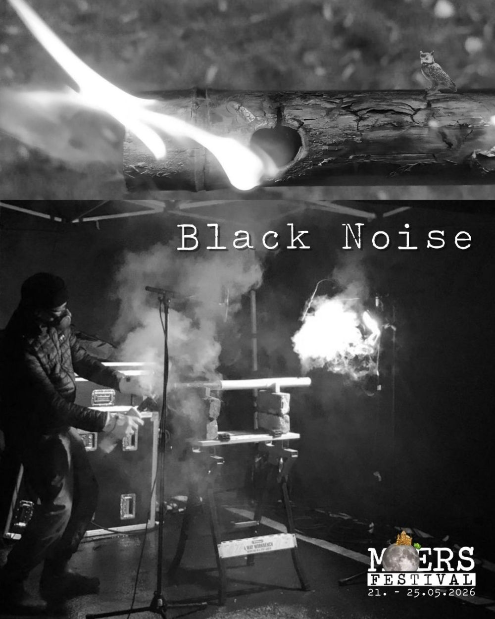 Black and white image. On the left is a man wearing a respirator mask, producing smoke. In the center is the artist name "Black Noise" and in the bottom right is the logo of the Moers Festival.