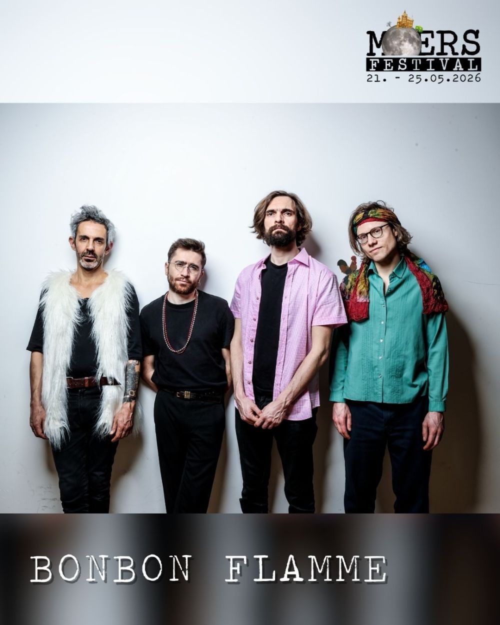 Four men stand against a white background. The Moers Festival logo is in the upper right corner. The band name "BONBON FLAMME" is written below.