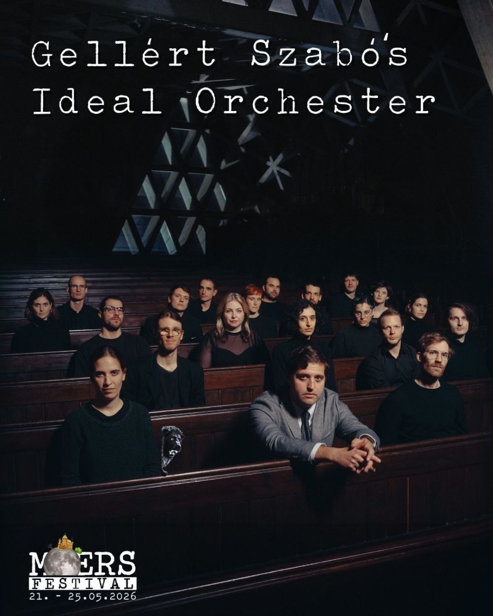 Twenty men and women sit in a dark church. Above them is the band name "Gellért Szabó's Ideal Orchestra." The Moers Festival logo is in the lower left. A man wearing a lab coat and safety glasses stands in front of a machine. Above him is the artist name "Moritz Simon Geist," and the Moers Festival logo is in the lower right.
