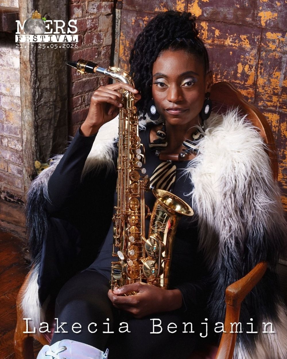 A Black woman holds up a saxophone and looks into the camera. Her name, "Lakecia Benjamin," is written below, and the Moers Festival logo is in the upper right corner.