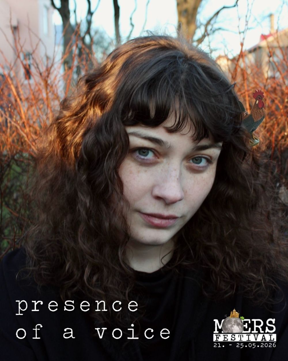 Portrait of a brown-haired woman. The artist's name "presence of a voice" is in the lower left corner, and the logo of the Moers Festival is in the lower right corner.