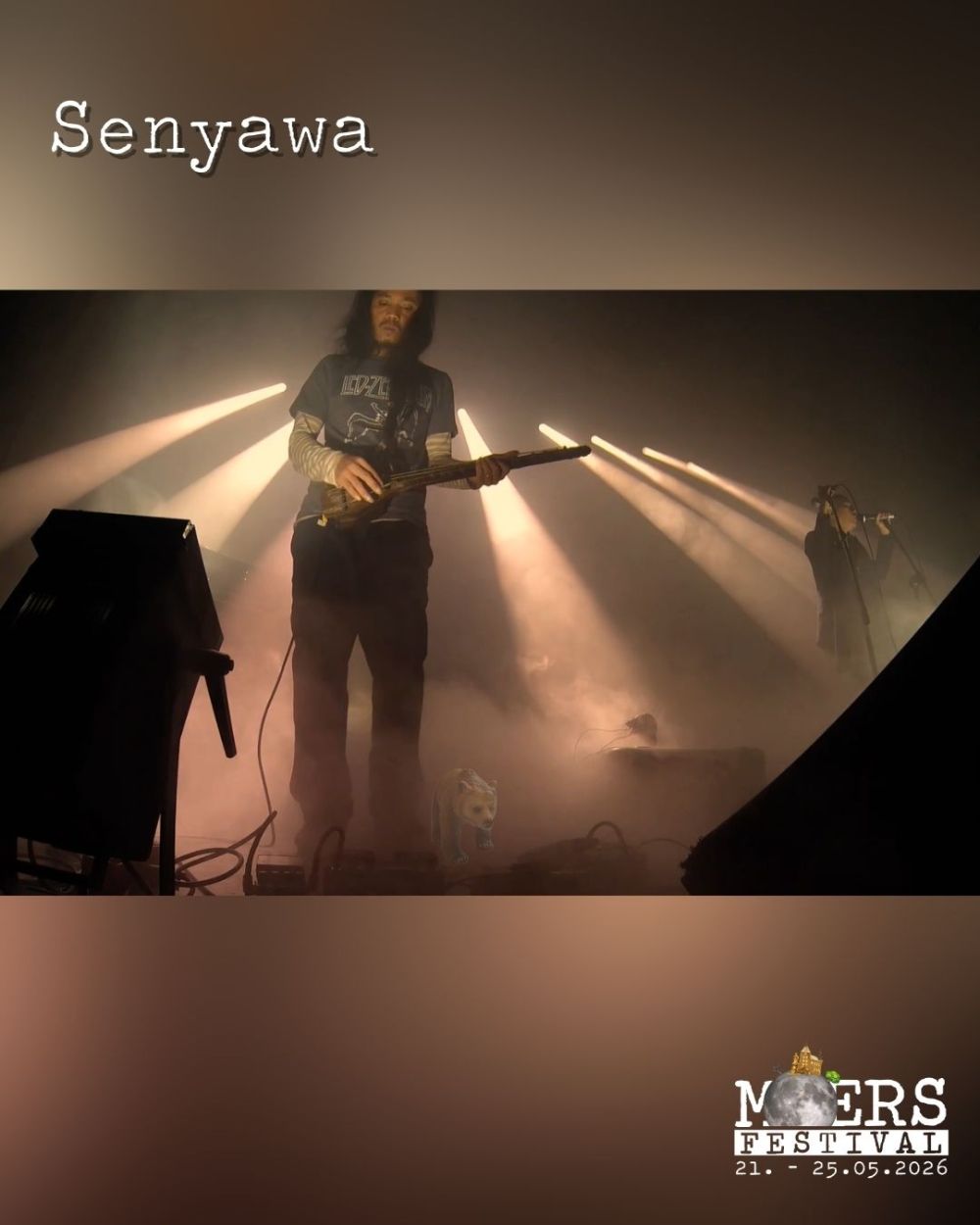A musician with long hair on stage. His stage name "Senyawa" is in the upper left corner, and the Moers Festival logo is in the lower right corner.