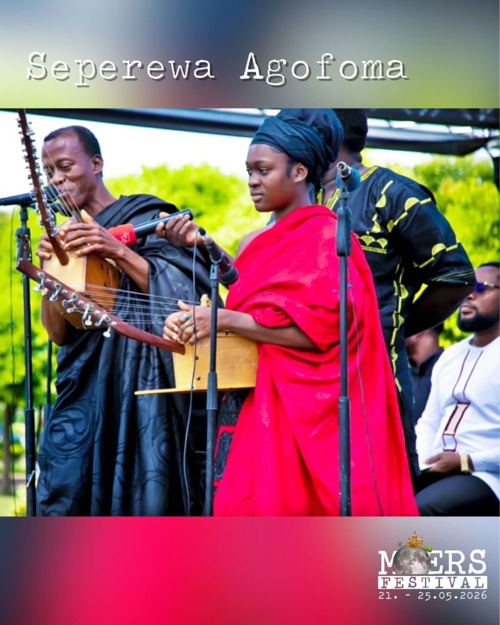 A Black woman in a red dress and a Black man stand on a stage with instruments. Above them is the band name "Seperewa Agofoma," and in the lower right corner is the logo of the Moers Festival.