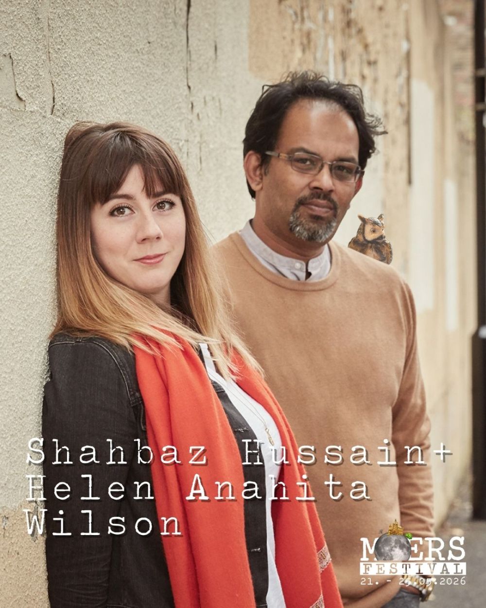A man and a woman lean against a rough wall. The names "Shahbaz Hussain + Helen Anahita Wilson" are written in the center. The Moers Festival logo is located in the lower right corner.