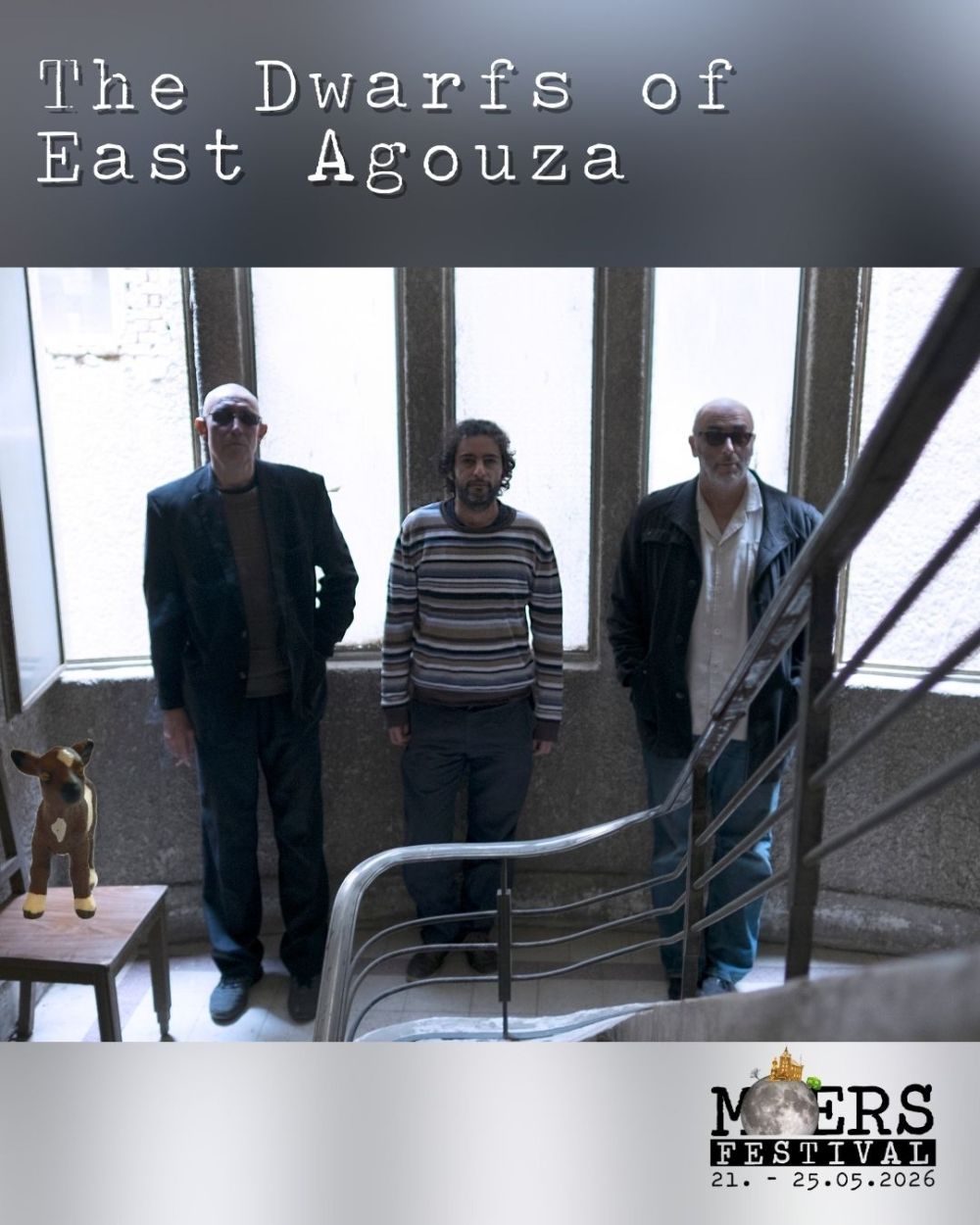 Three men are standing in front of a window. Above them is their band name "The Dwarfs of East Agouza," and in the bottom right corner is the logo of the Moers Festival.