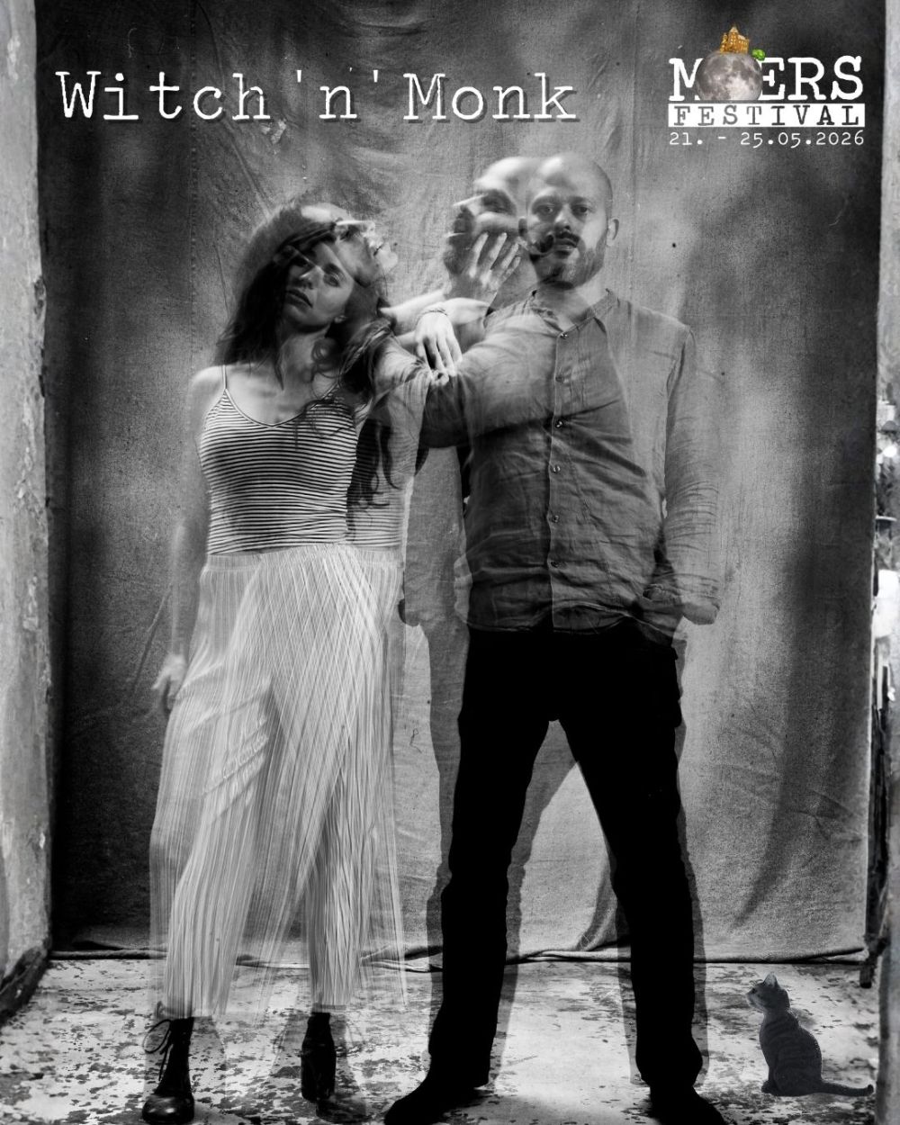 Black and white double exposure photograph. A man and a woman stand in front of a wall. Above them is their band name "Witch 'n' Monk," and the Moers Festival logo is in the upper right corner.